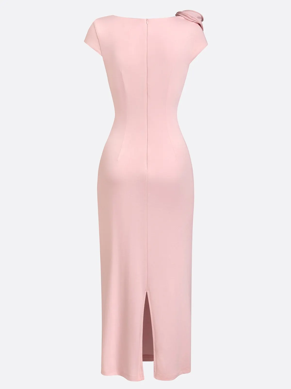 Dusty Pink 3D Rosette Shoulder Ruched Midi Bridesmaid Dress