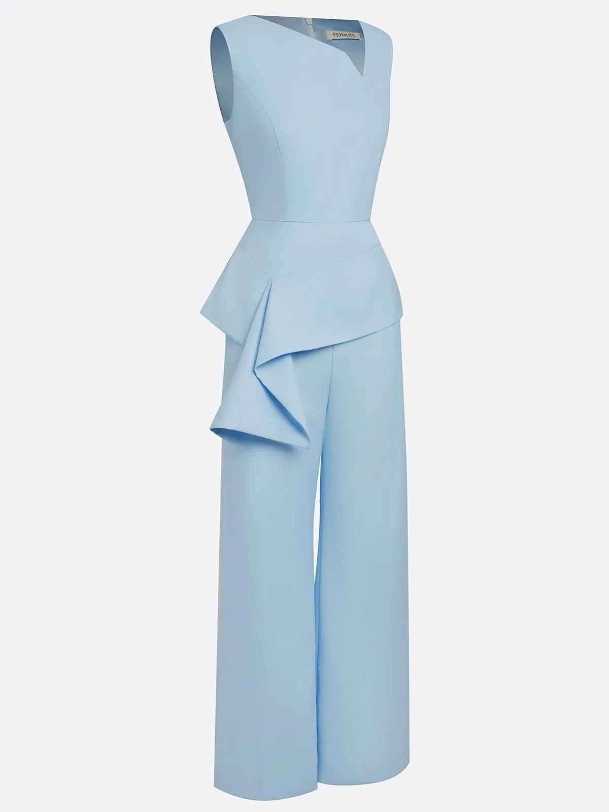 Women Light Blue Ruffled Asymmetrical Sleeveless Dressy Jumpsuit