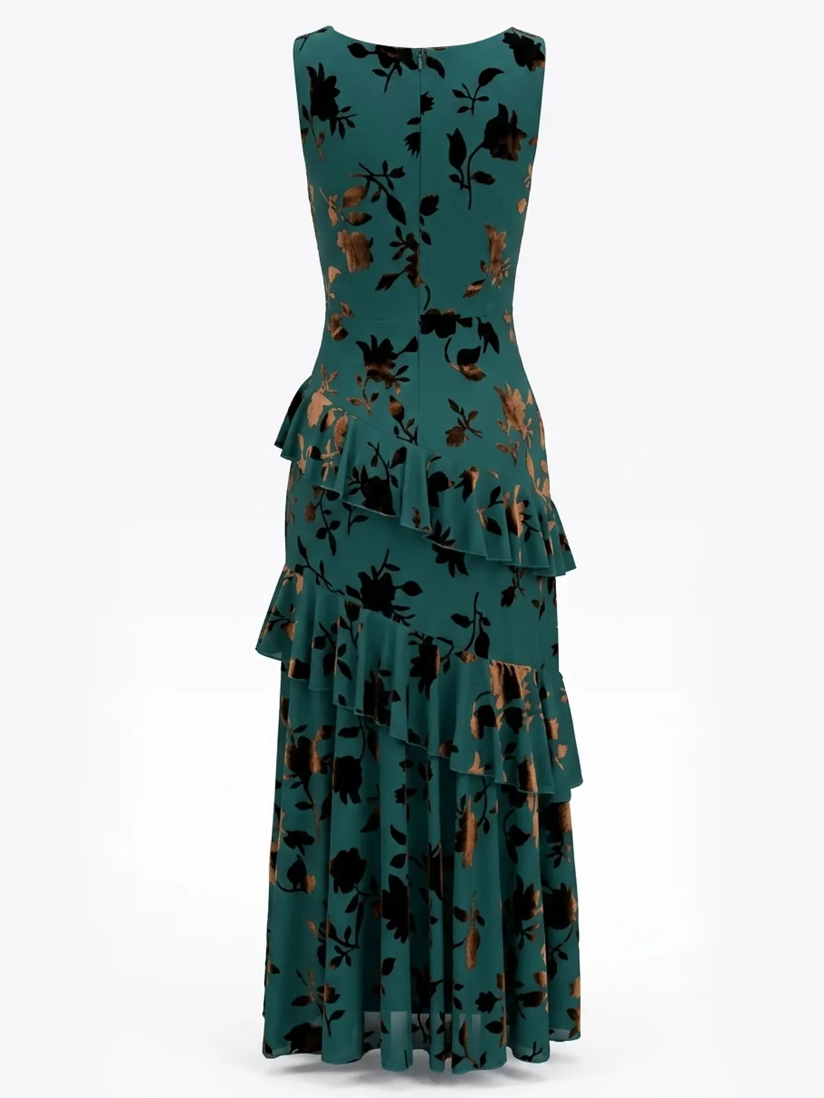 Green Jacquard Ruffled Classic Boat Neck Sleeveless A-Line Maxi Dress