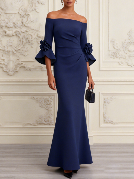 Navy Blue 3D Floral Classic Off The Shoulder Half Sleeve Bell Sleeve Mermaid Maxi Dress