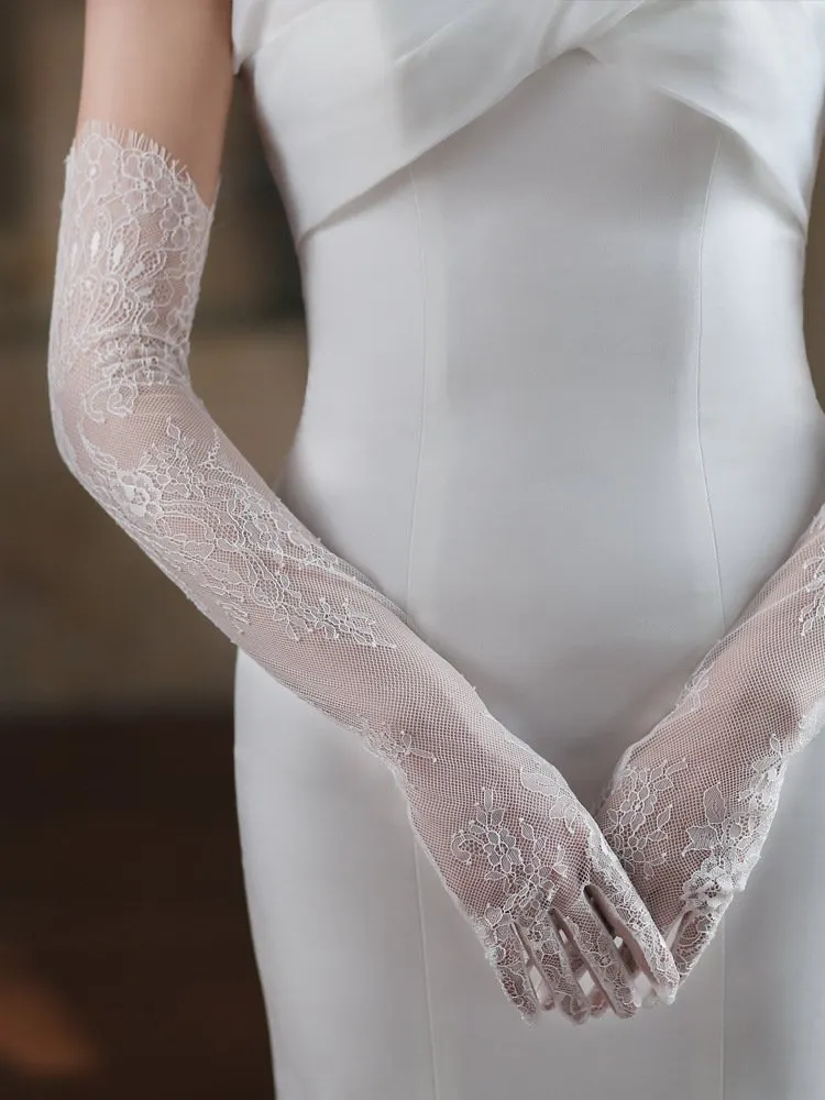 Floral Urban LaceBridal Ethereal White Floral Lace Tulle Tassel Gloves