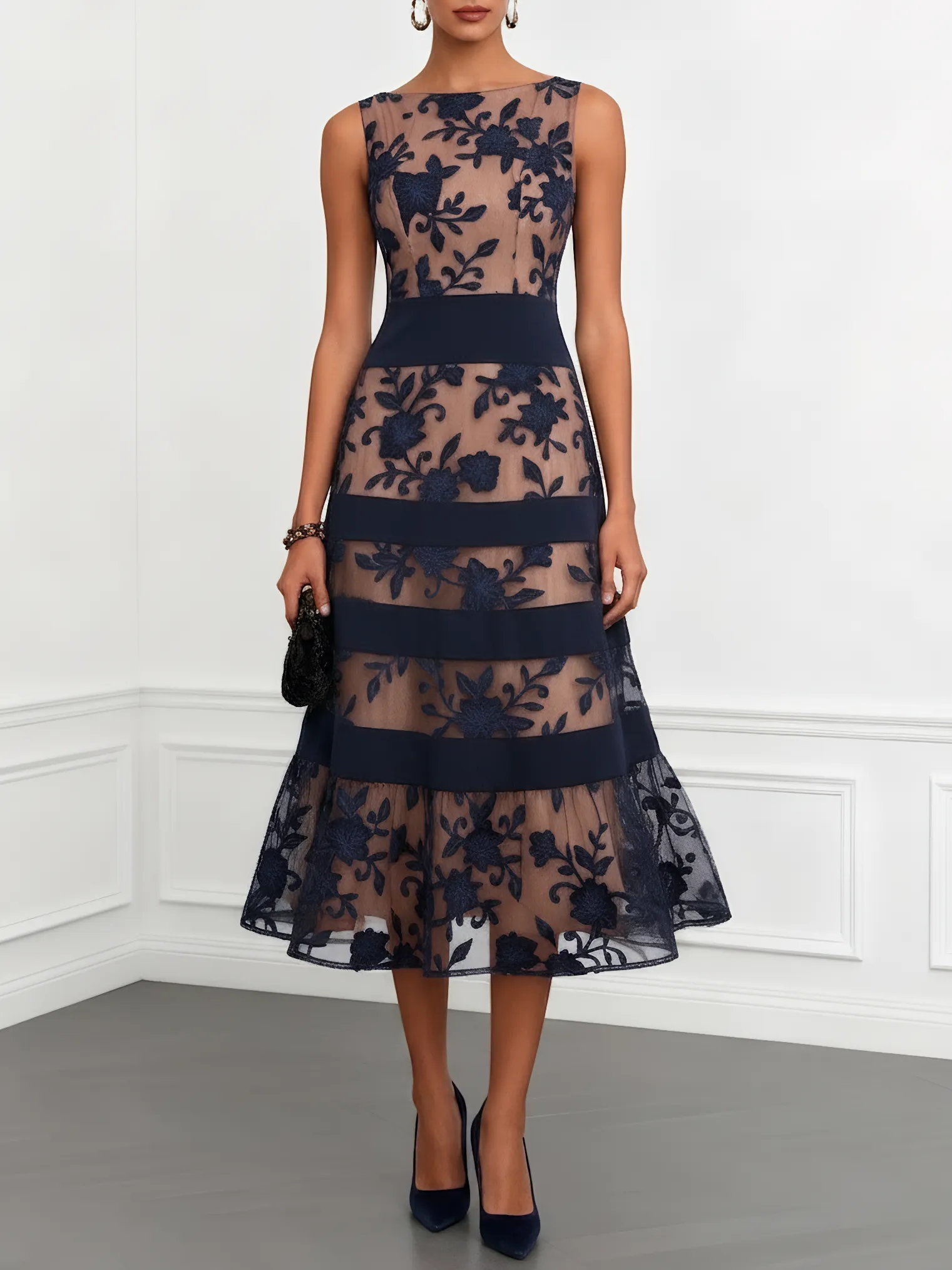 Purplish Blue Lace Jacquard Boat Neck Sleeveless A-Line Midi Dress - Purplish Blue