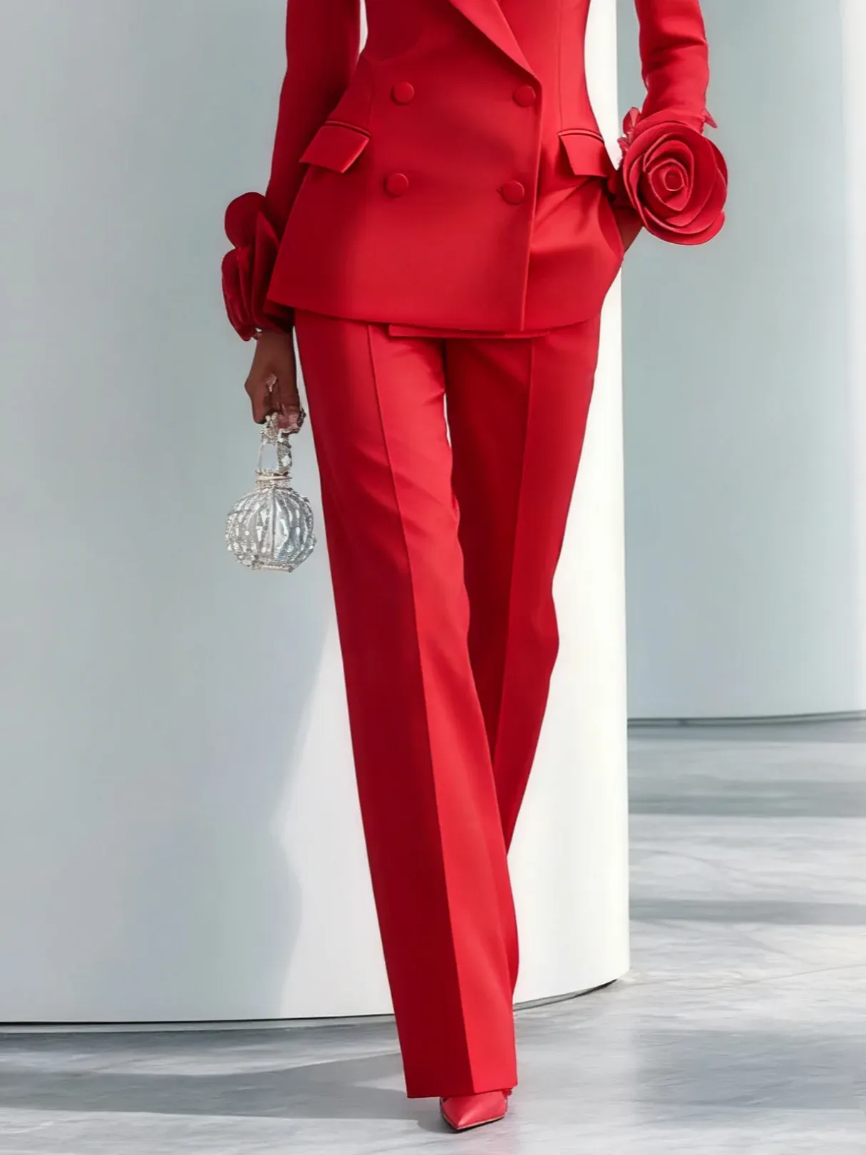 Women Red 3D Floral Lapel Collar Long Sleeve Dressy Blazer With Pants Two-Piece Set