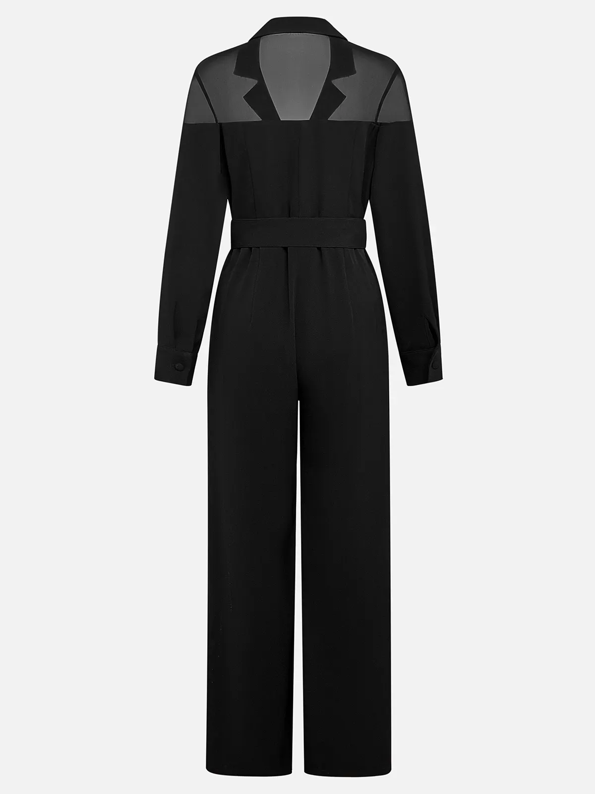 Women Black Mesh Lapel Collar Long Sleeve Dressy Jumpsuit