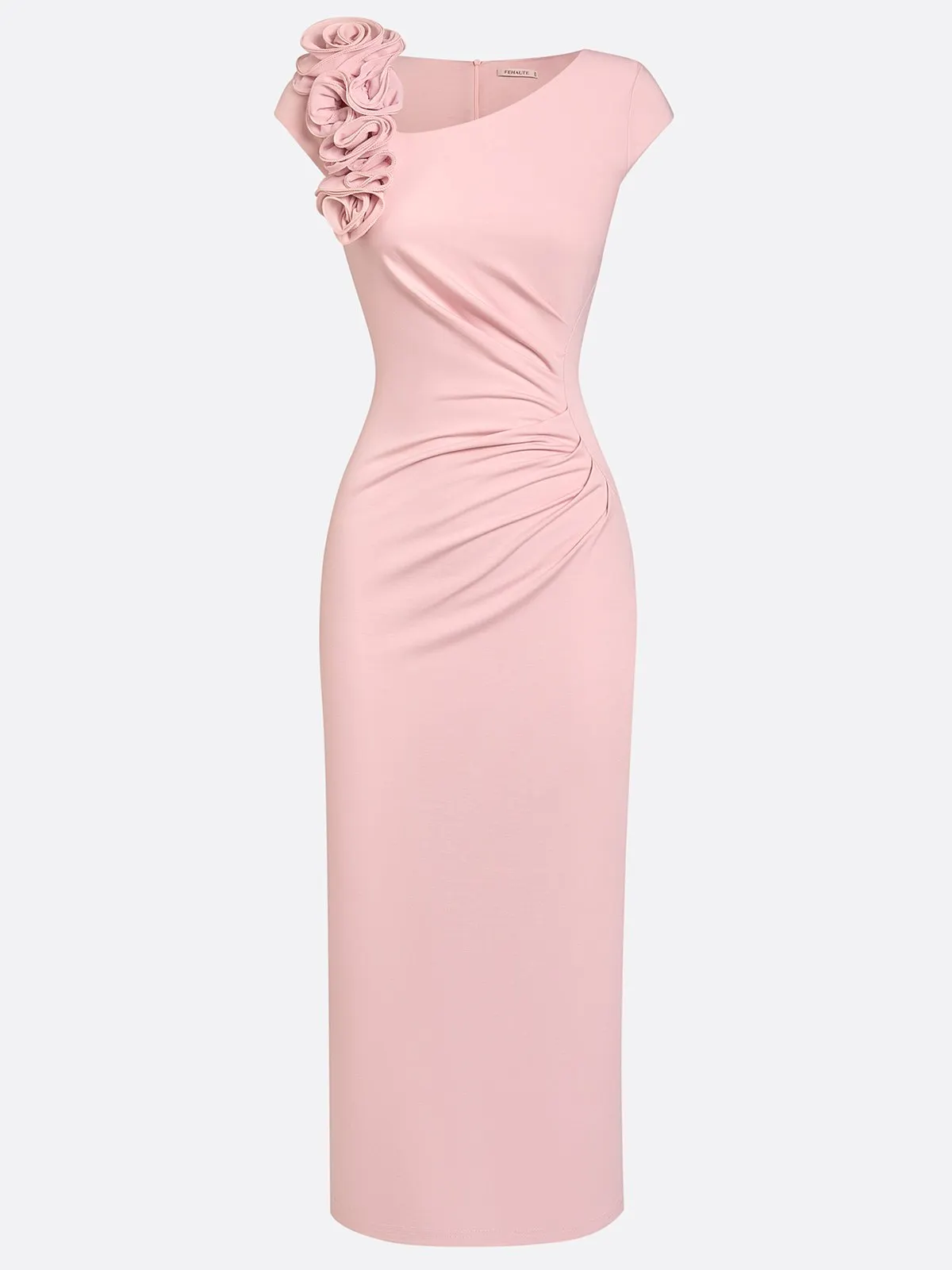Dusty Pink 3D Rosette Shoulder Ruched Midi Bridesmaid Dress