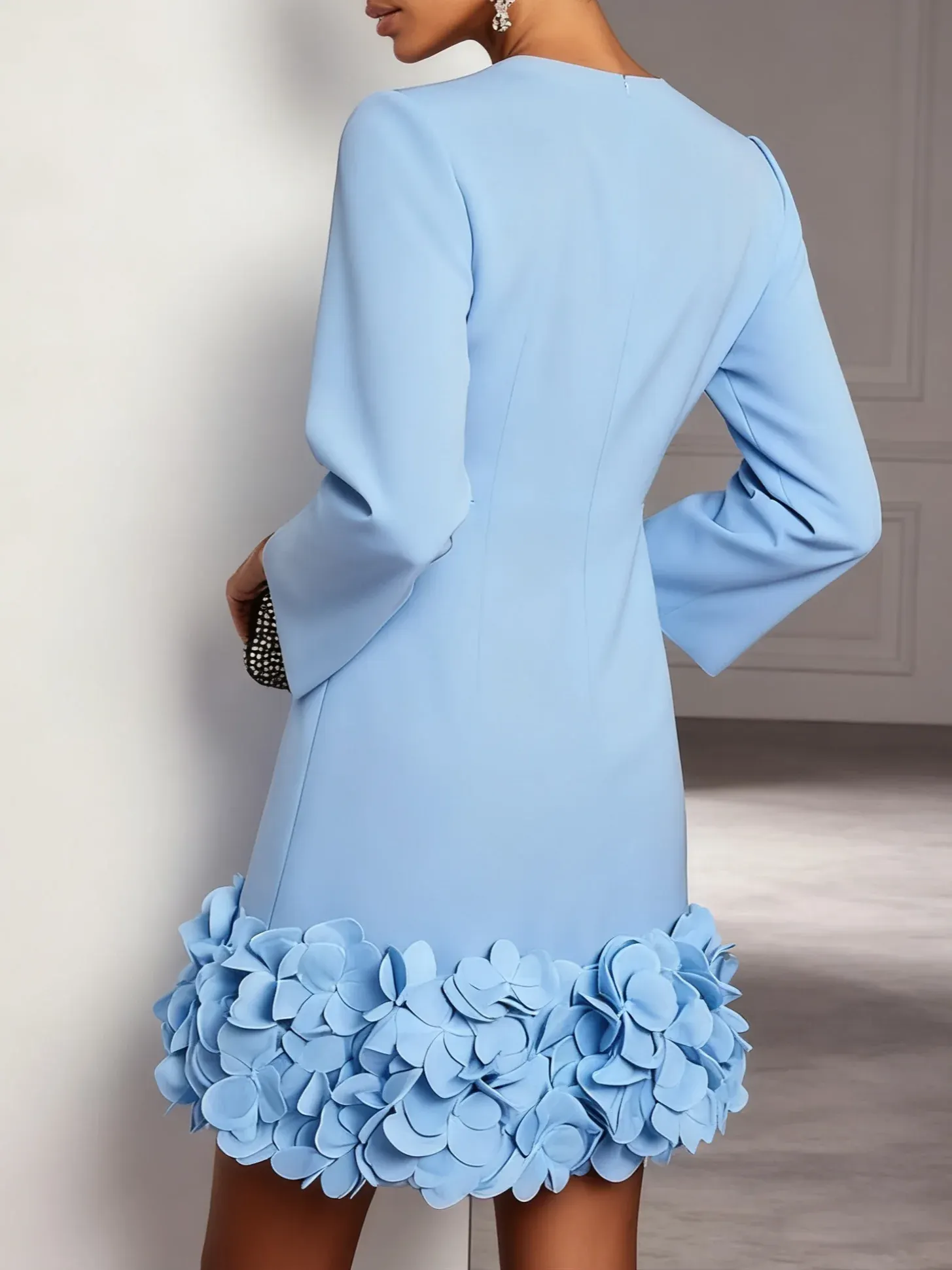Light Blue 3D Floral Classic Crew Neck Bell Long Sleeve Shift Mini Dress