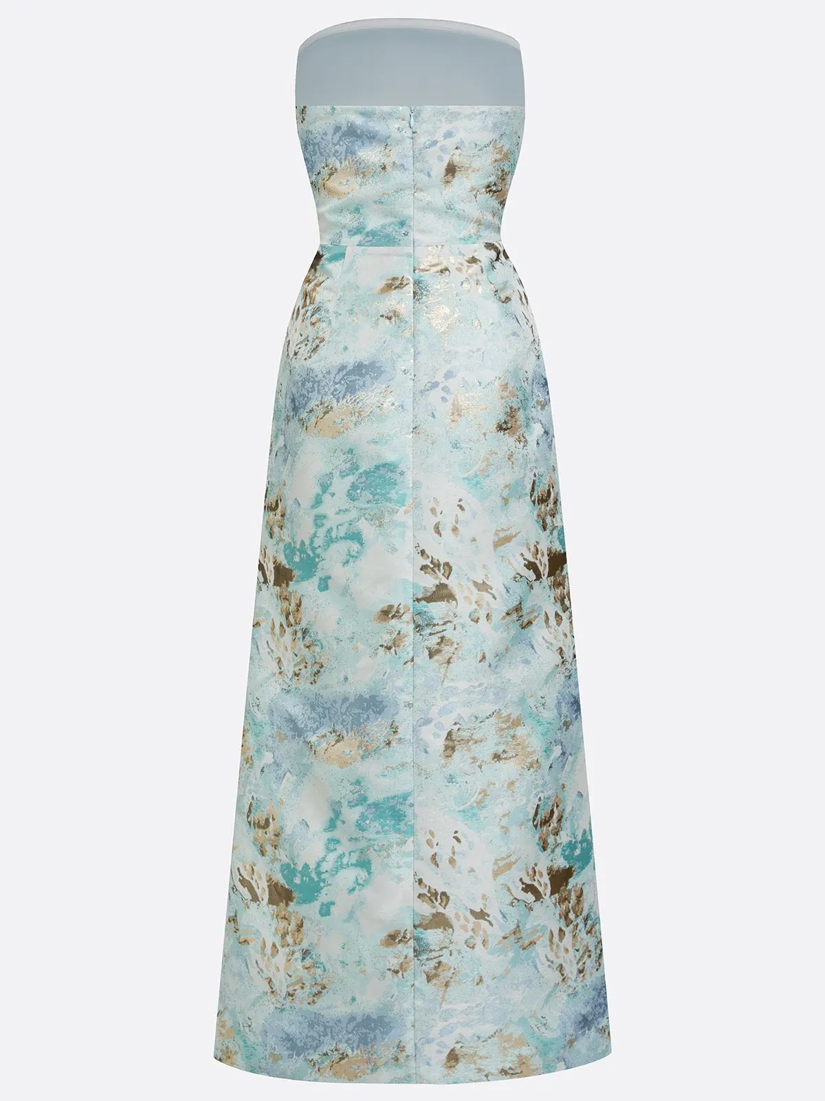 Light Blue Floral Jacquard Satin Strapless Sleeveless Sheath Floor Length Dress