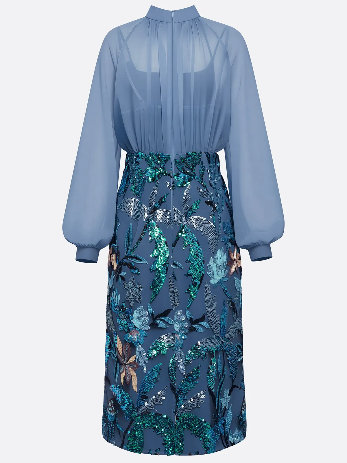 Blue Glitter Sequin Mock Neck Long Sleeve Balloon Sleeve Sheath Midi Dress