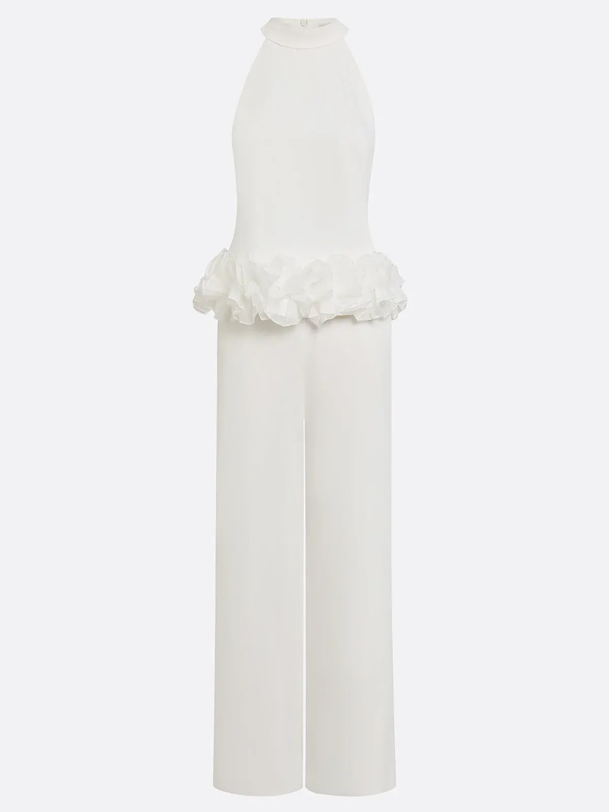 Women Off White 3D Floral Halter Neck Sleeveless Dressy Top With Pants Two-Piece Set