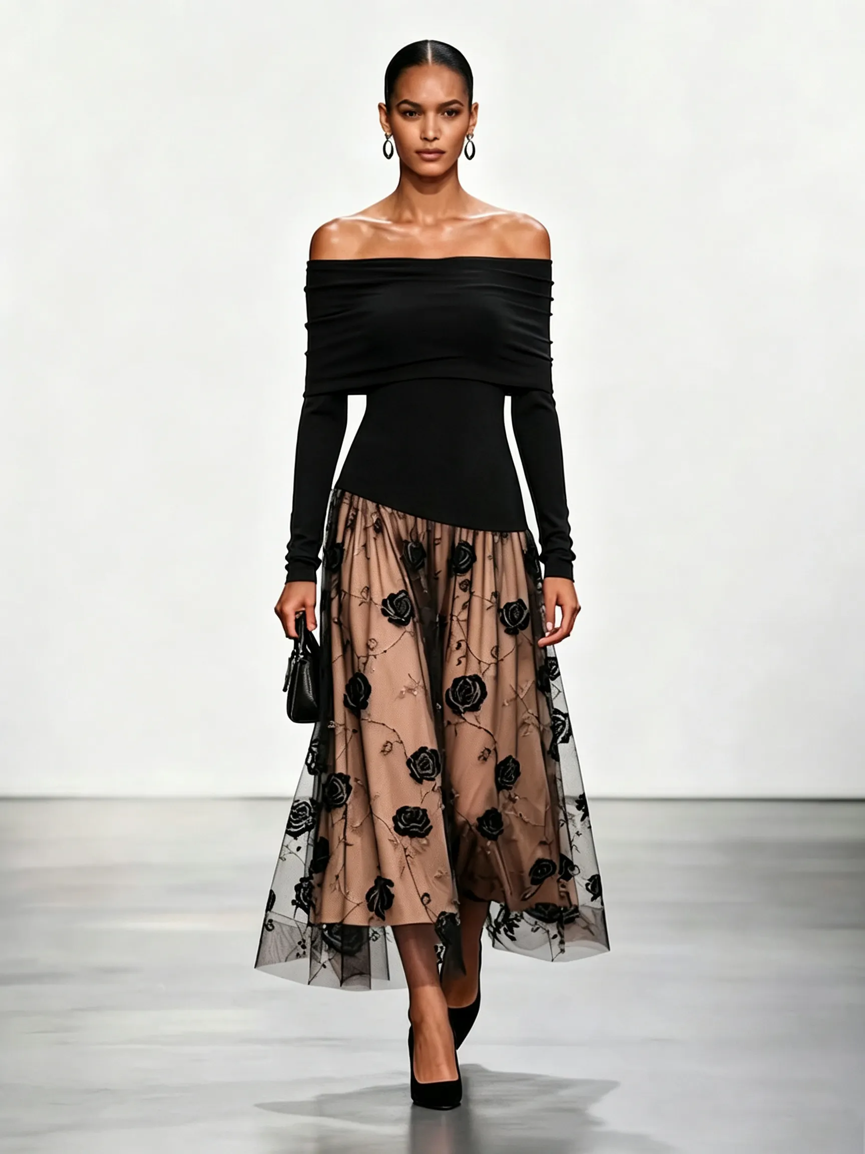 Black Knit Off The Shoulder Long Sleeve A-Line Maxi Dress