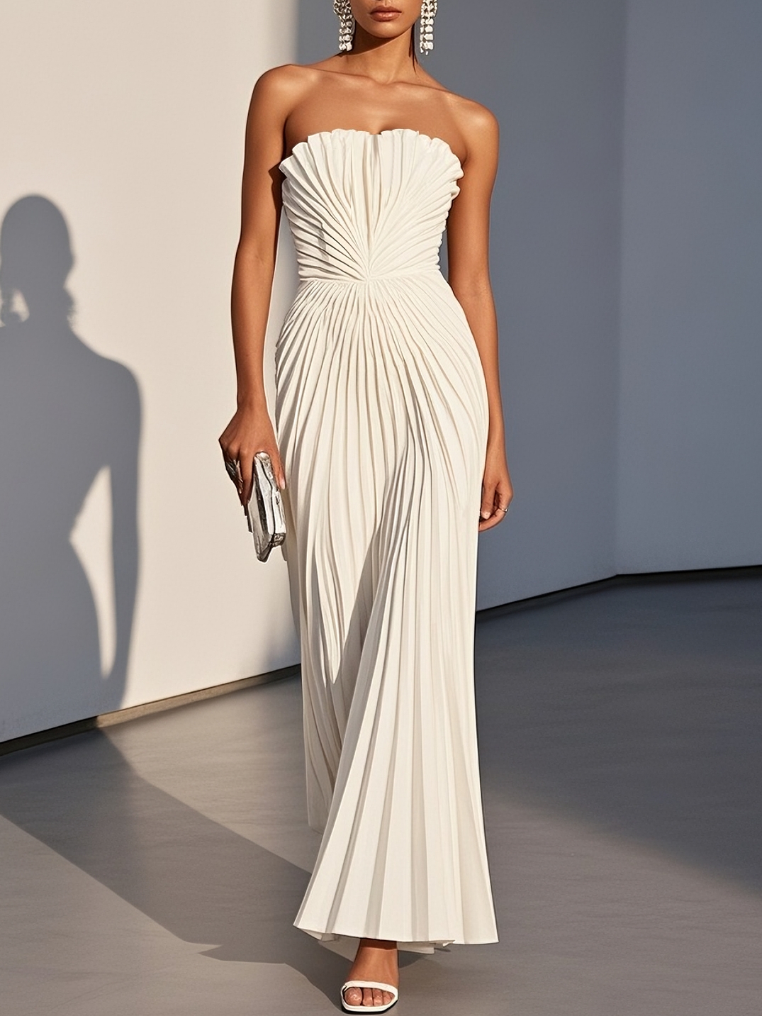 White Pleated Satin Strapless Sleeveless A-Line Maxi Dress - White