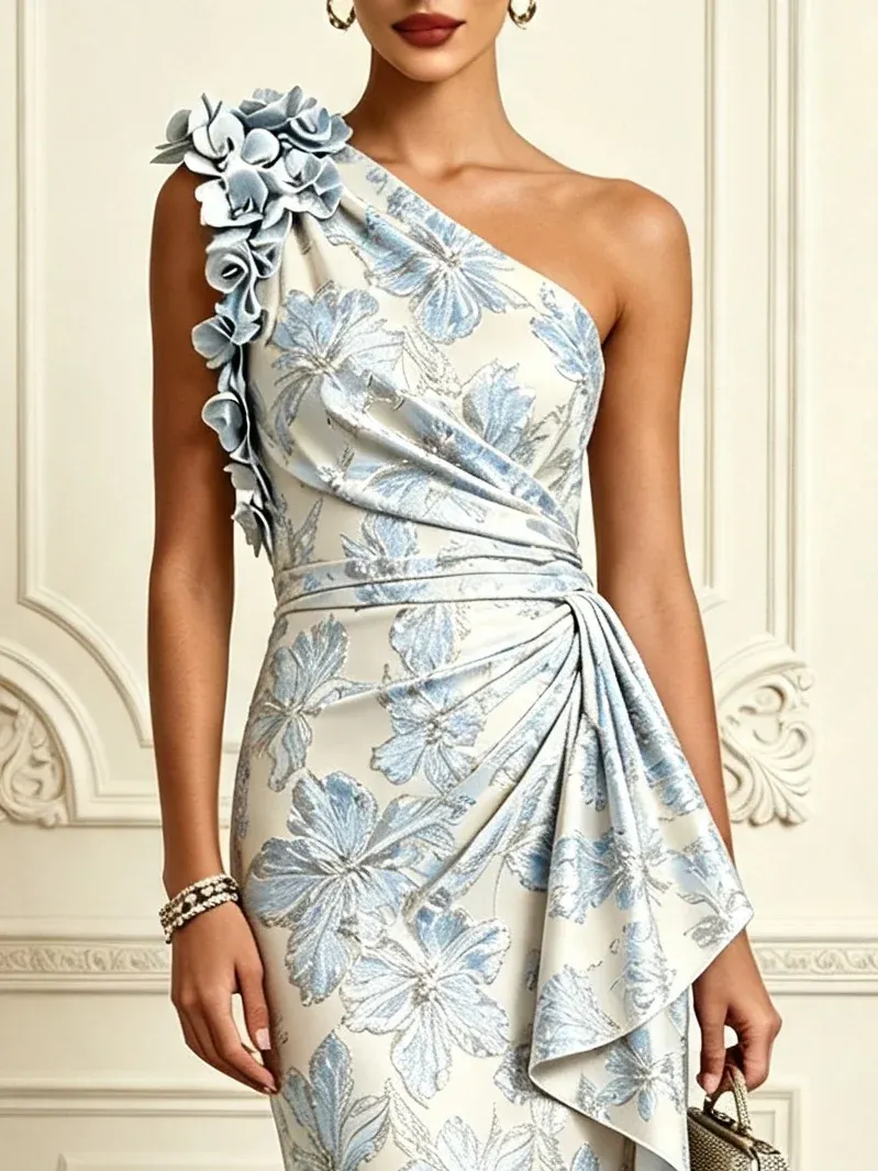 Light Blue Jacquard 3D Floral Classic One Shoulder Sleeveless Mermaid Gown Dress