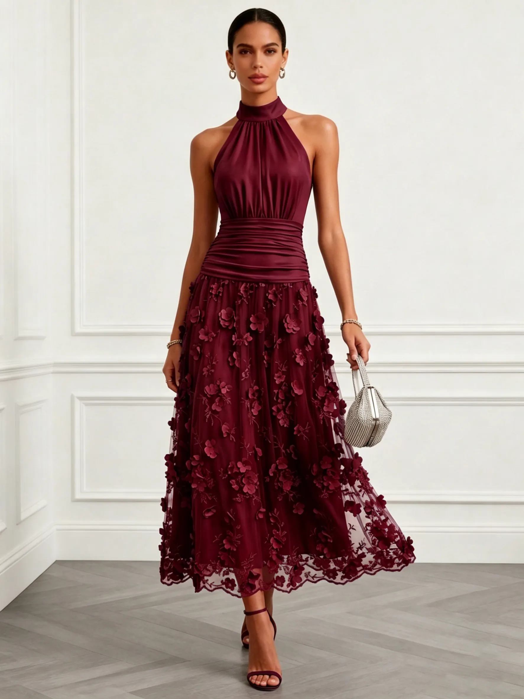 Wine Red 3D Floral Appliqué Embroidery Classic Halter Neck Sleeveless A-Line Maxi Dress