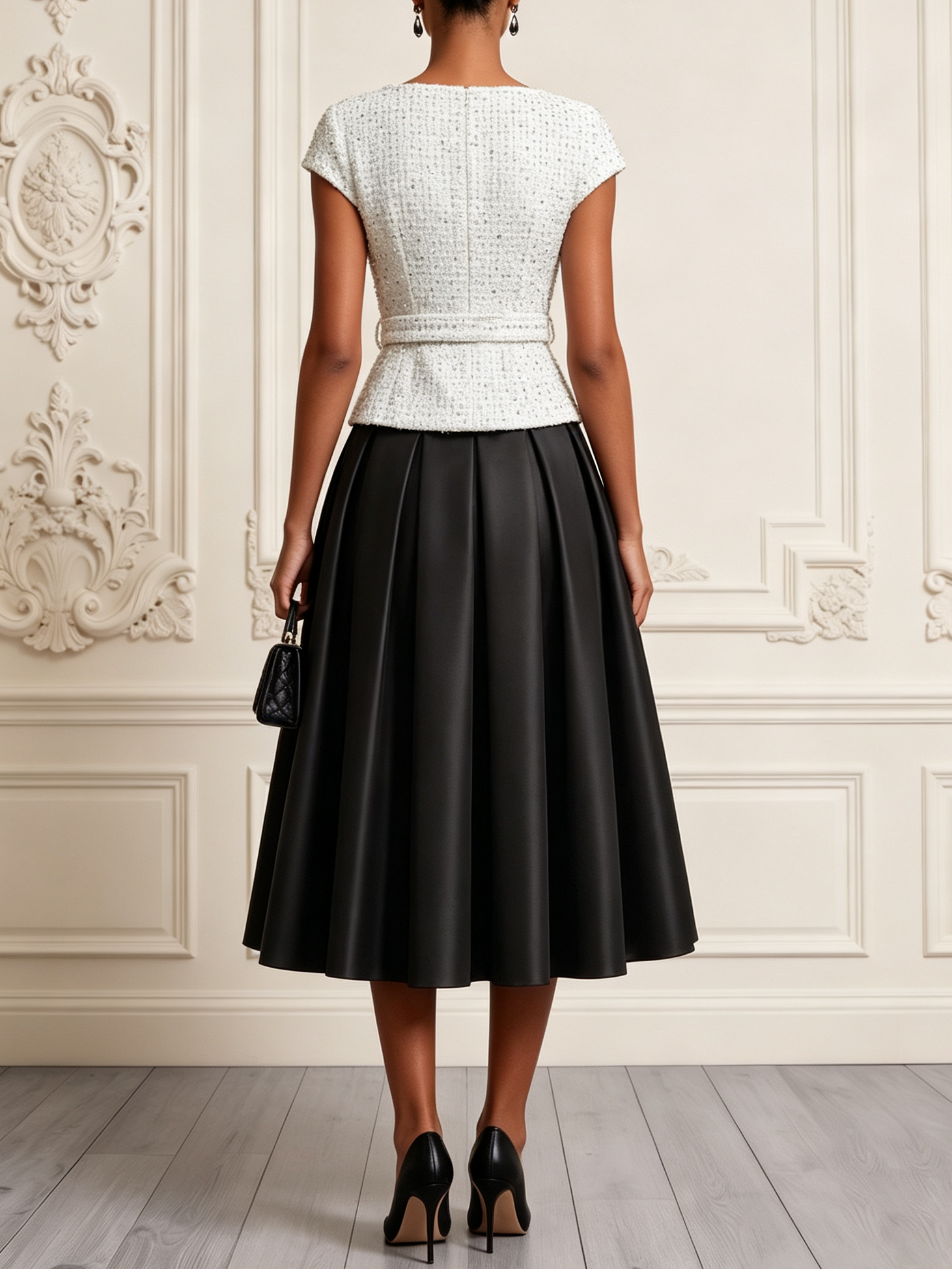 Women Black-white Glitter Tweed Crew Neck Long Sleeve Elegant Coat With Skirt Two-Piece Set - Black-white