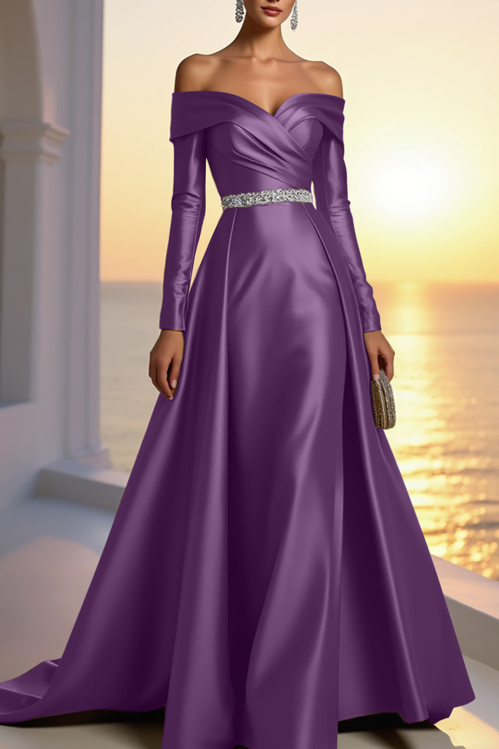 Formal Champagne Satin Dress Off The Shoulder Long Sleeve Maxi Gown