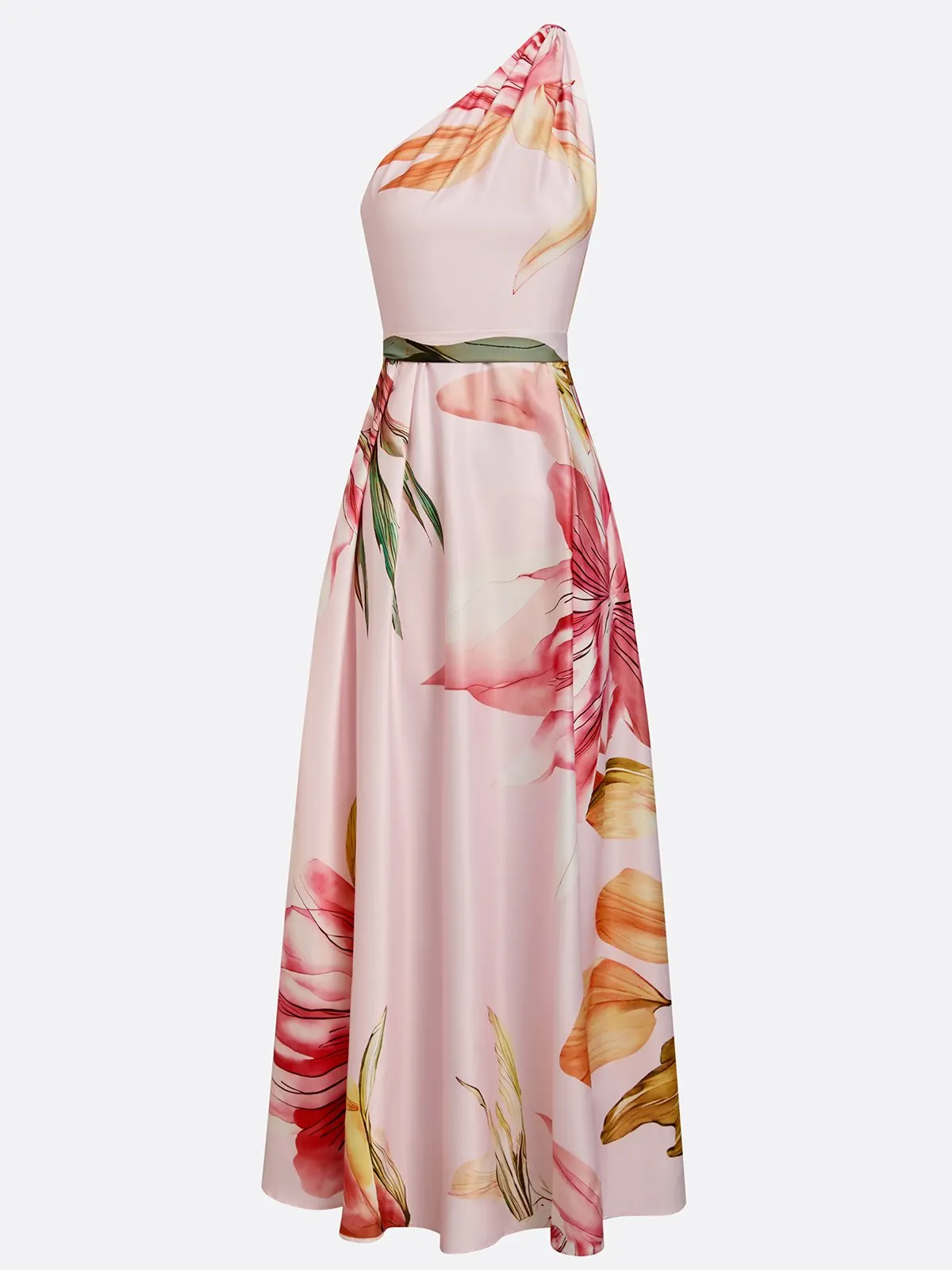 Lavender Purple Floral Satin One Shoulder Sleeveless A-Line Floor-length Gown With Pockets