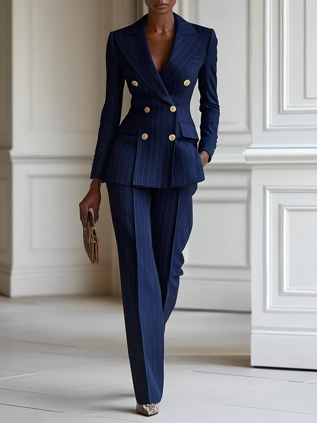 Women Navy Blue Buckle Lapel Collar Long Sleeve Dressy Blazer With Pants Two-Piece Set