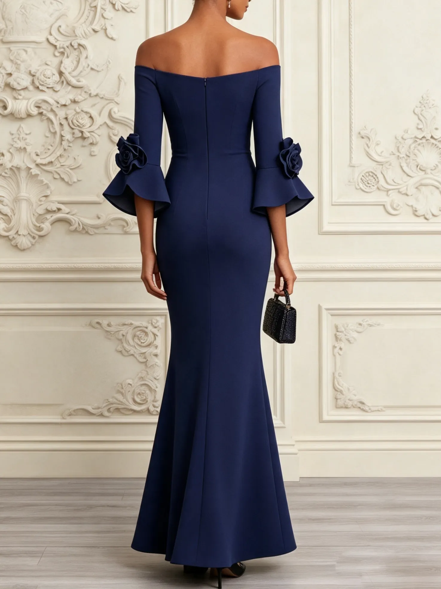 Navy Blue 3D Floral Classic Off The Shoulder Half Sleeve Bell Sleeve Mermaid Maxi Dress - Navy Blue