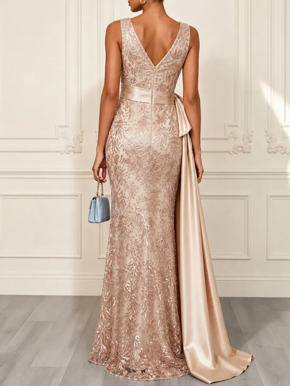 Champagne Lace V Neck Sleeveless Mermaid Gown Dress - Champagne