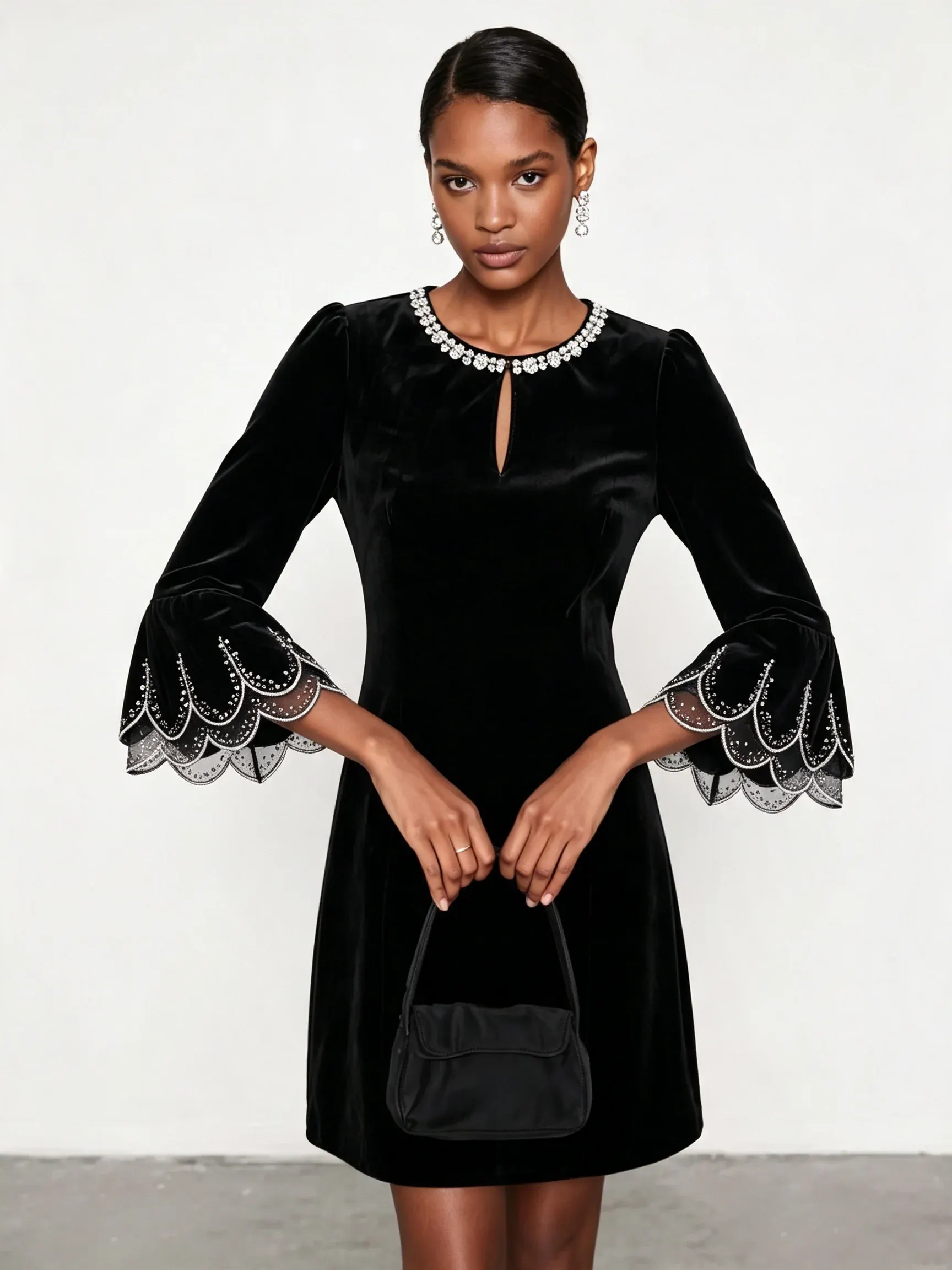 Black Rhinestone Velvet Crew Neck Three Quarter Sleeve Bell Sleeve A-Line Mini Dress