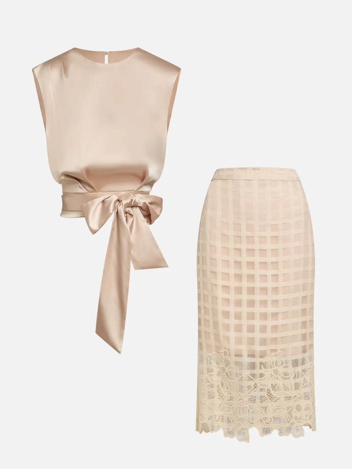 Women Champagne Lace Crew Neck Sleeveless Elegant Top With Skirt Two-Piece Set