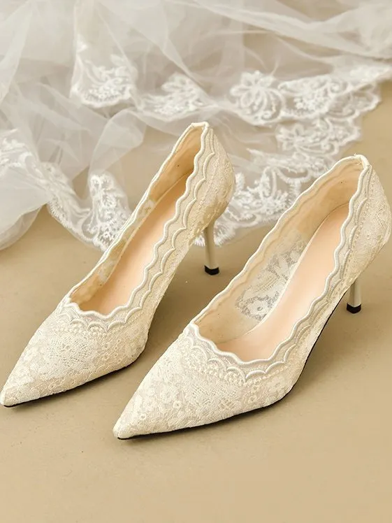 Elegant White Lace Mesh And Pearl-trimmed Pointed-toe Stiletto Heel Wedding Shoes