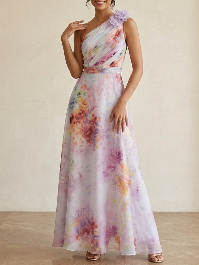 Light Purple 3D Floral Floral Chiffon One Shoulder Sleeveless A-Line Floor-length Gown Dress