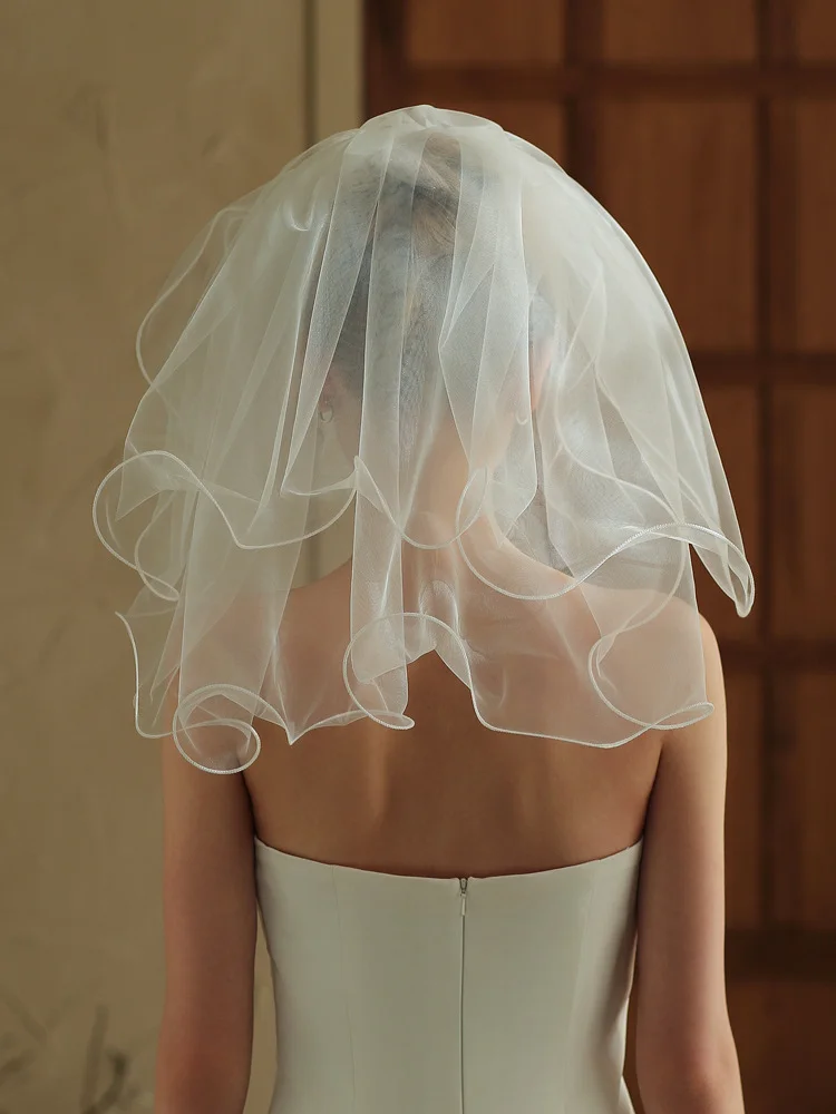 Short Bow-embroidered Double-layered Rolled-edge Bridal Veil
