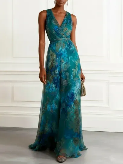 Green Floral Ruched Chiffon V Neck Sleeveless A-Line Maxi Dress - Green