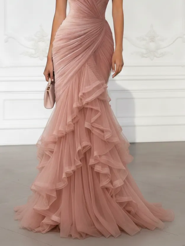 Pink Folds Tulle Spaghetti Sleeveless Mermaid Gown Dress