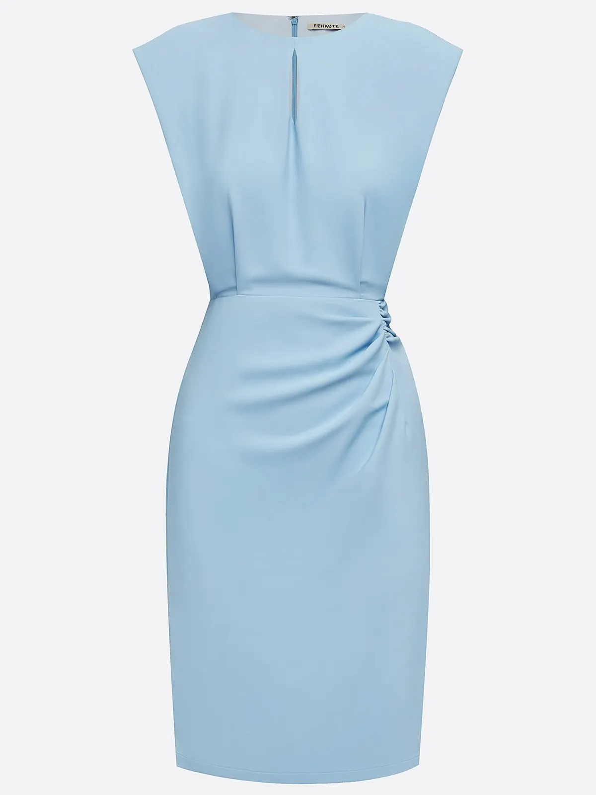 Light Blue Ruched Cut Out Classic Crew Neck Cap Sleeve Sheath Midi Dress