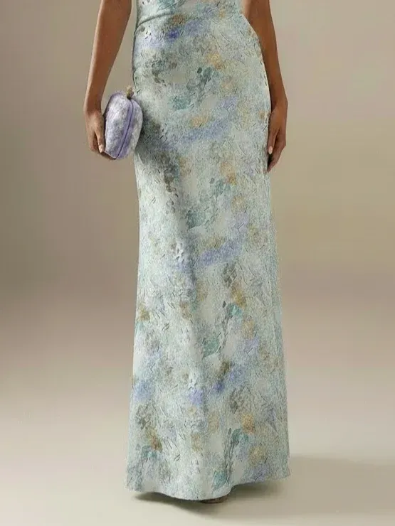Light Blue Floral Jacquard Satin Strapless Sleeveless Sheath Floor Length Dress