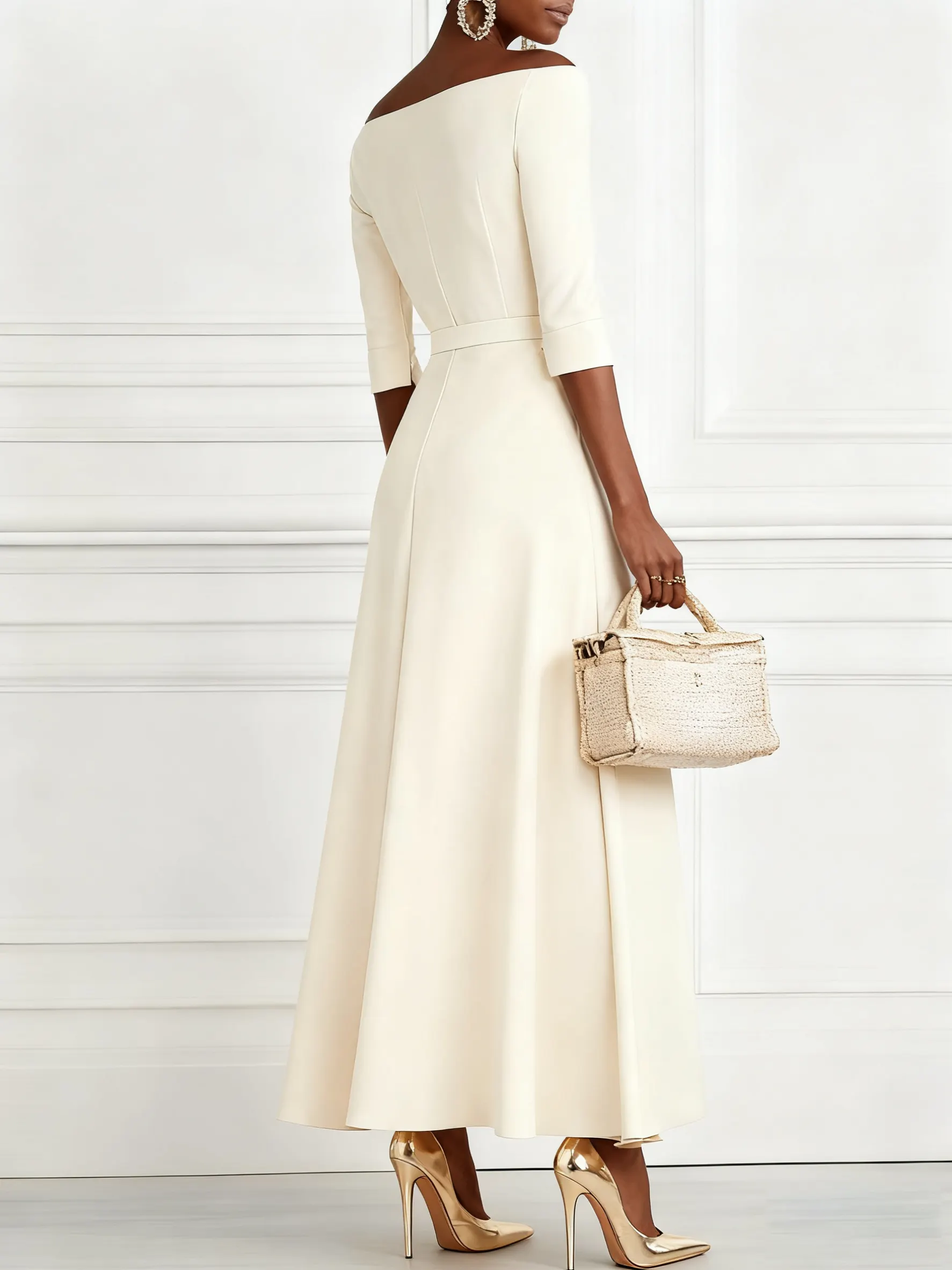 White Classic Off The Shoulder Half Sleeve A-Line Maxi Dress