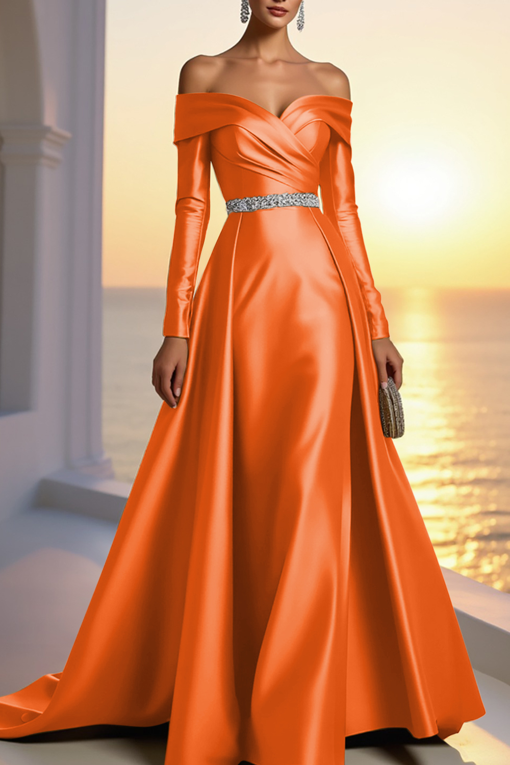 Formal Champagne Satin Dress Off The Shoulder Long Sleeve Maxi Gown