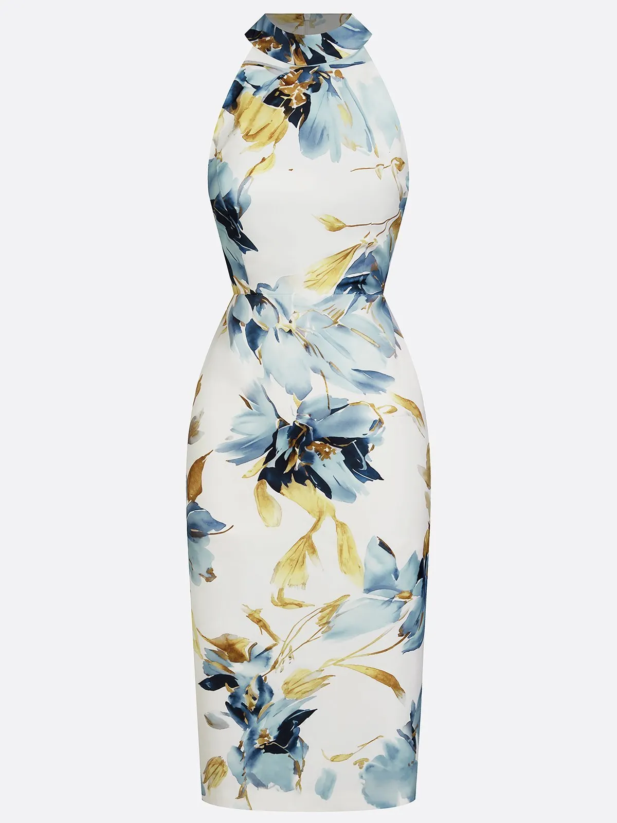 Blue Floral Satin Halter Neck Sleeveless Sheath Midi Dress
