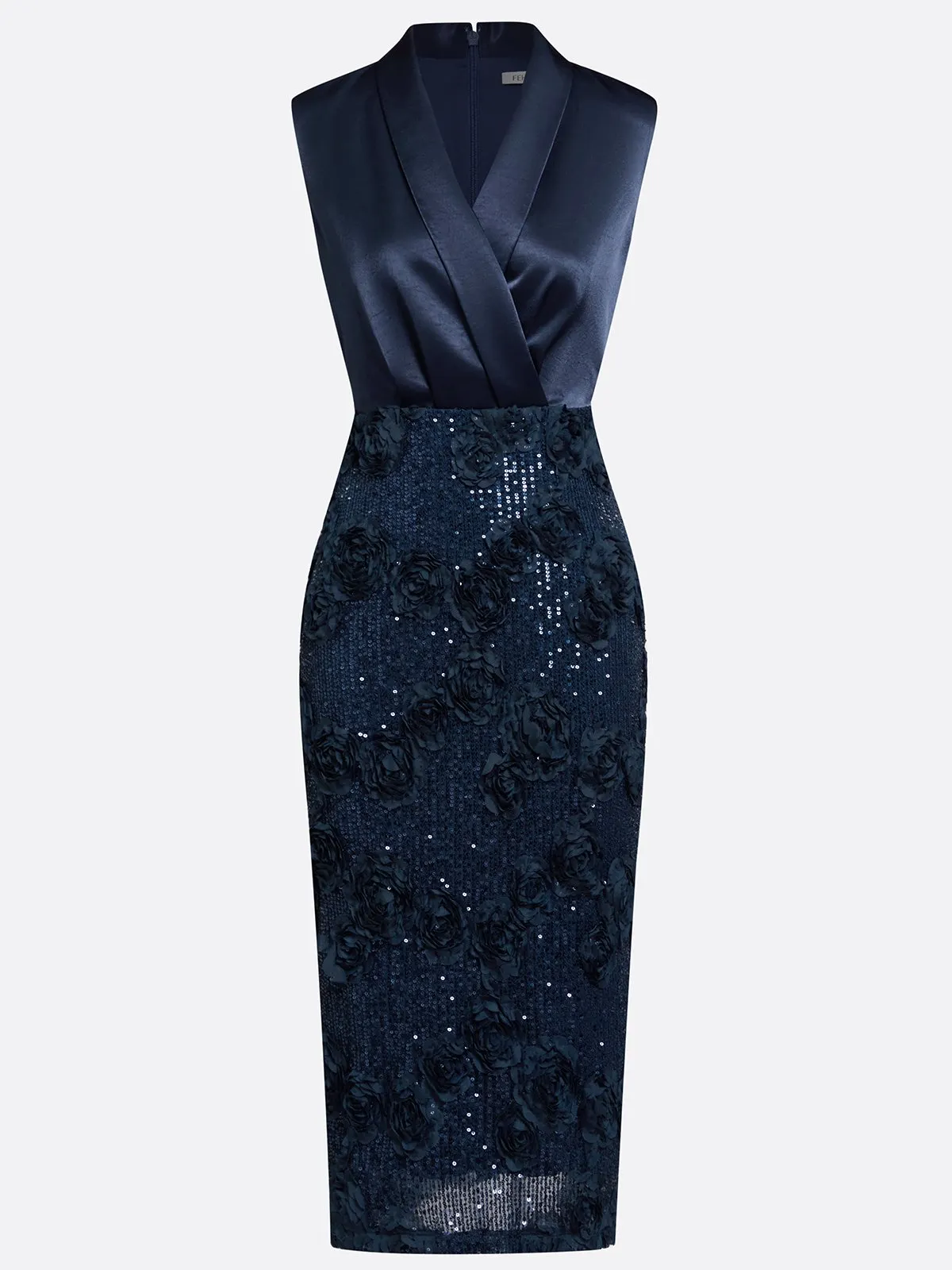 Purplish Blue 3D Floral Glitter Sequin V Neck Sleeveless Sheath Midi Dress