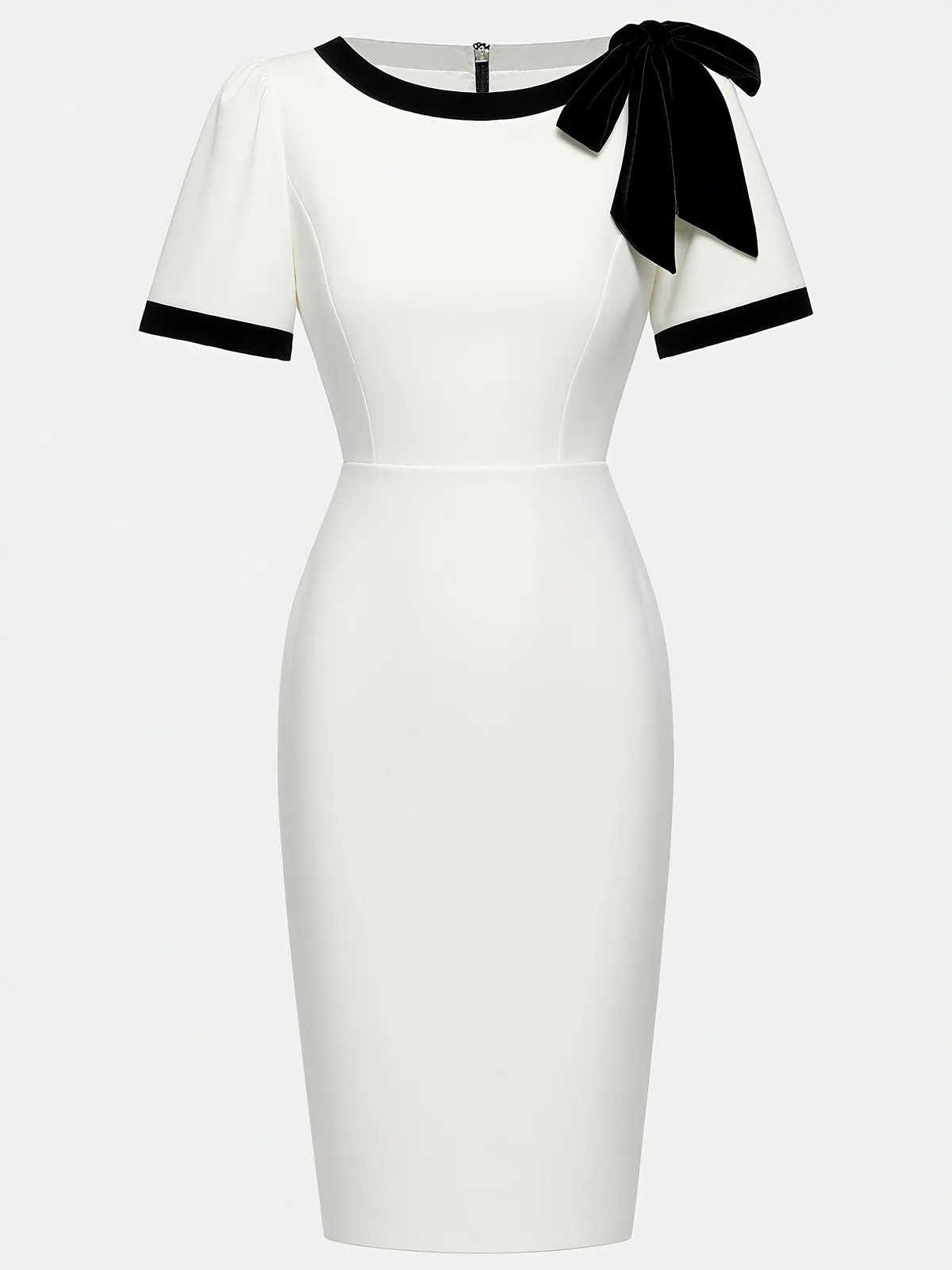 White Bow Short Sleeve Sheath Midi Dress