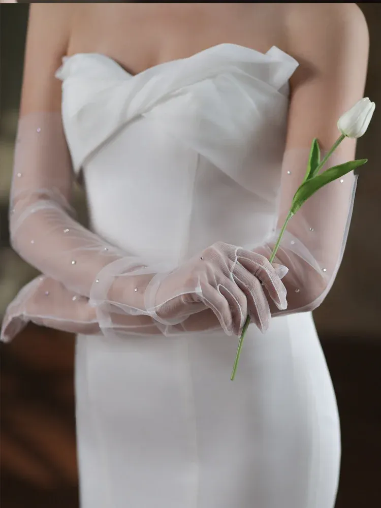 Elegant Sparkling Rhinestone Gloves For Brides Super Fairy-like White Wedding Evening Mesh Long Gloves - Ivory