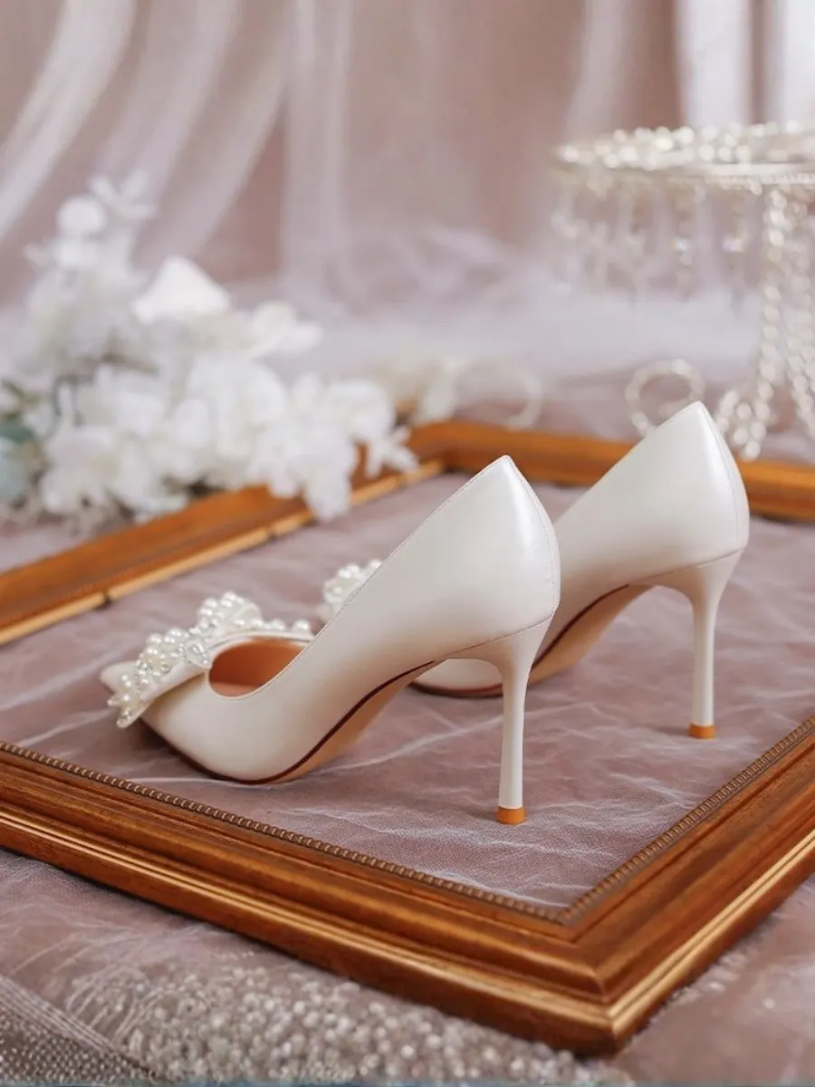 Elegant Spring New Arrival Stiletto Heels With Pointed Toes Rhinestone Pearl Bows (6-8cm) Wedding Shoes