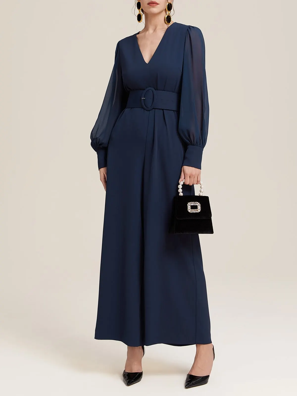 Dark Blue Mesh V Neck Balloon Sleeve Chiffon Wide-Leg Jumpsuit With Pockets