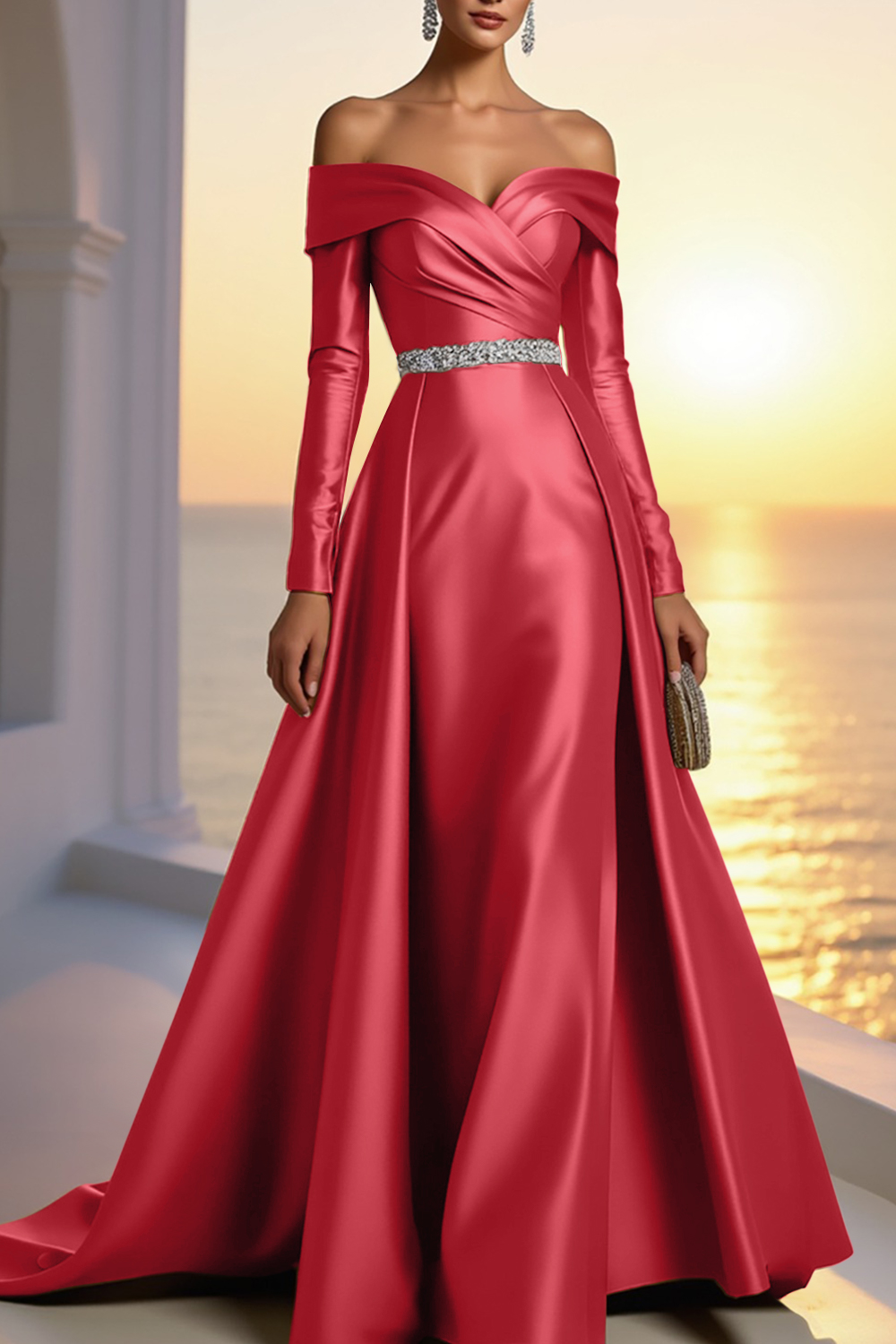 Formal Champagne Satin Dress Off The Shoulder Long Sleeve Maxi Gown