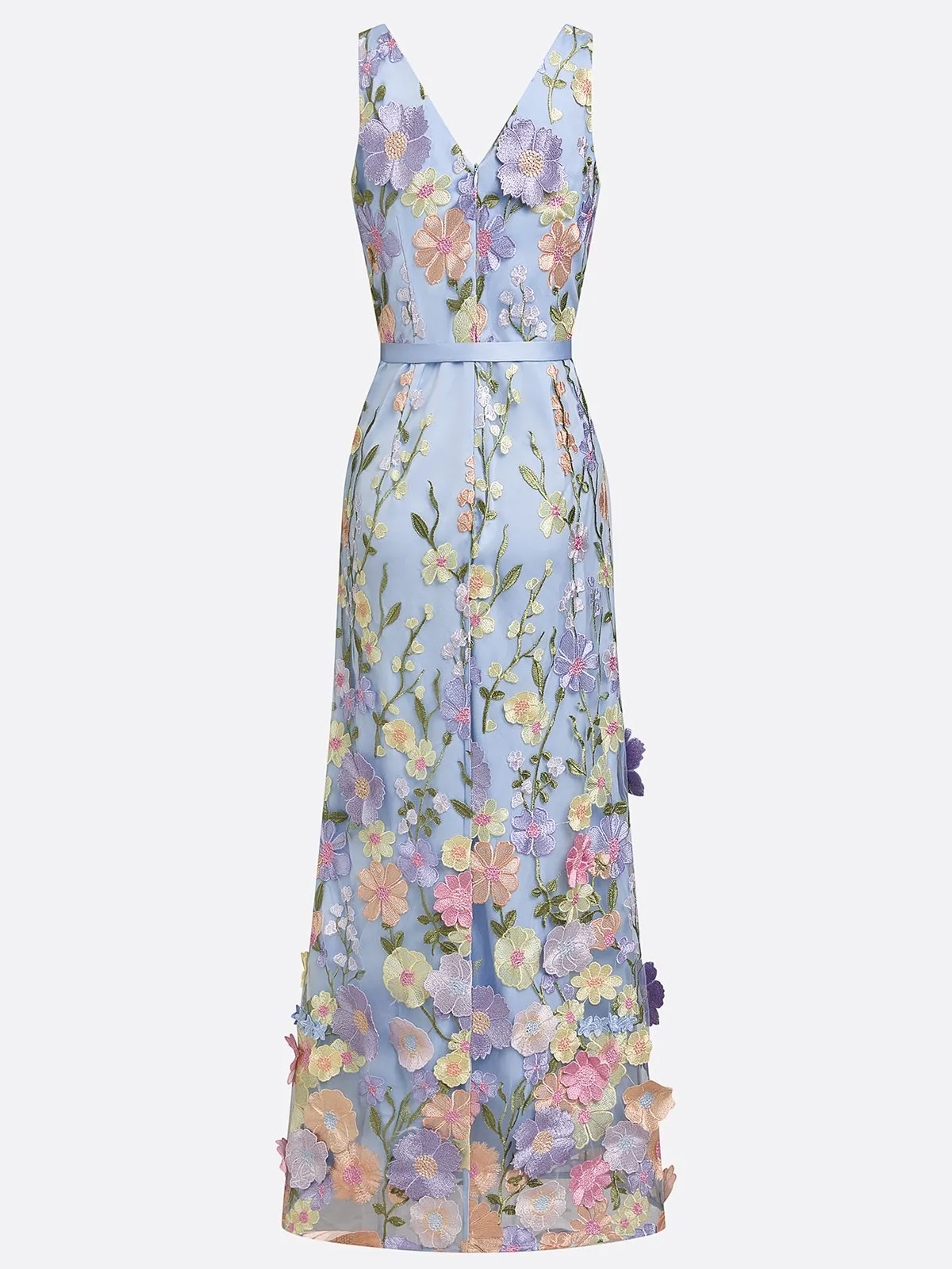 Light Blue Floral Appliqué Embroidered Classic V Neck Sleeveless A-Line Floor-length Gown Dress
