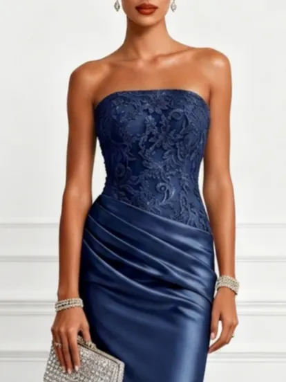 Purplish Blue Lace Jacquard Satin Strapless Sleeveless Mermaid Gown Dress - Purplish Blue