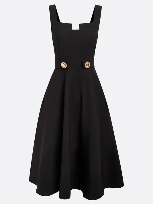 Black Buckle Notched Sleeveless A-Line Midi Dress With Pockets