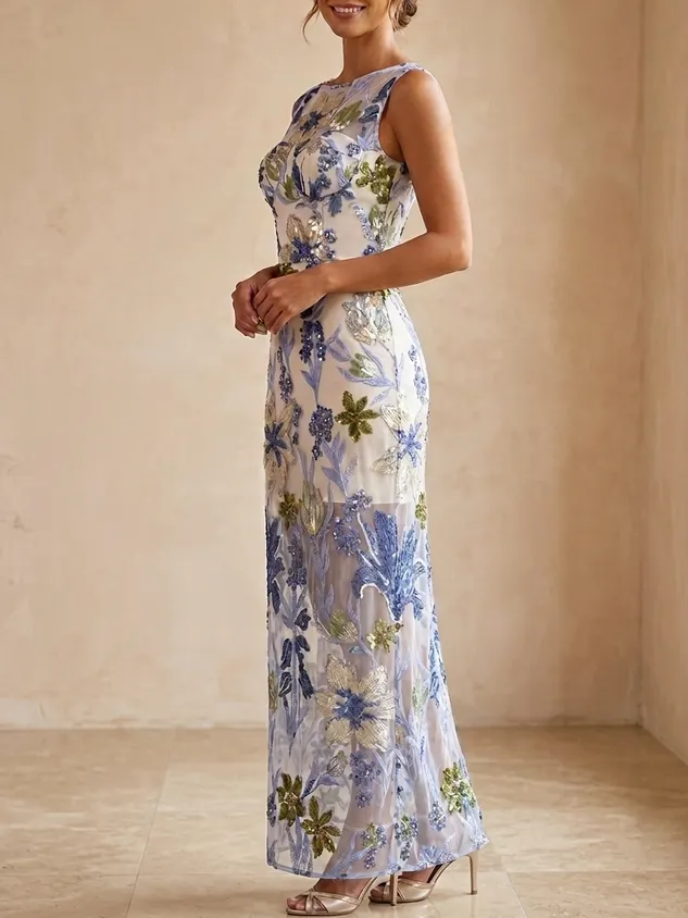 Embroidered Floral Sequin Mother of the Bride Maxi Dress