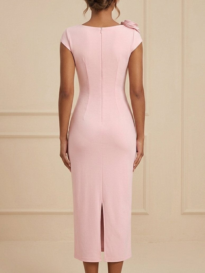 Dusty Pink 3D Rosette Shoulder Ruched Midi Bridesmaid Dress - Pink