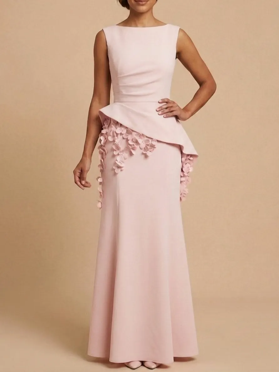 Elegant Blush Pink Mother of the Bride Gown - Sleeveless Peplum Maxi Dress with 3D Floral Appliqués