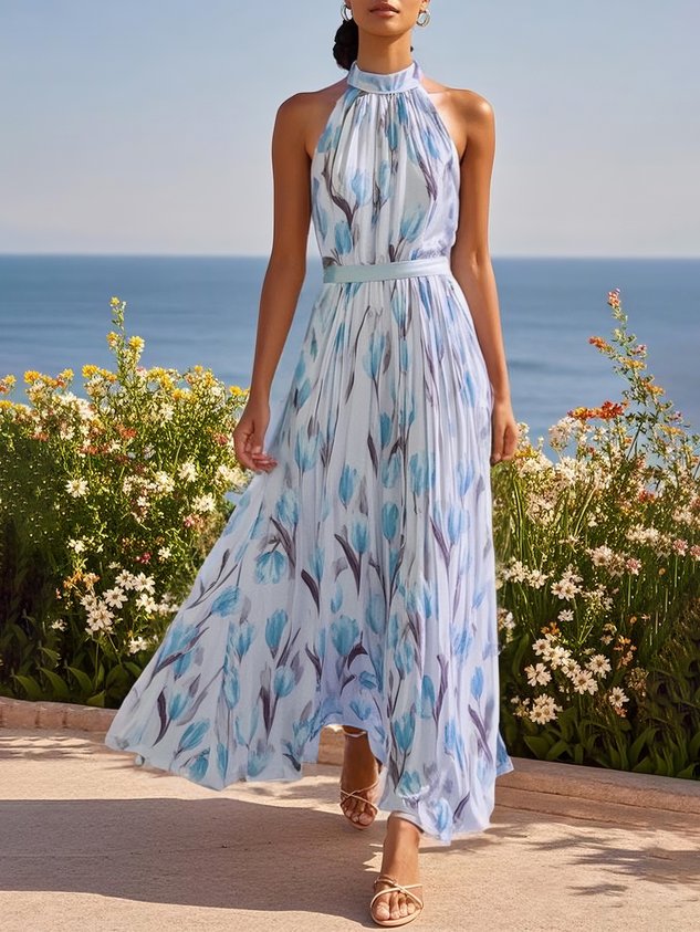 Light Blue Floral Chiffon Halter Sleeveless A-Line Maxi Dress