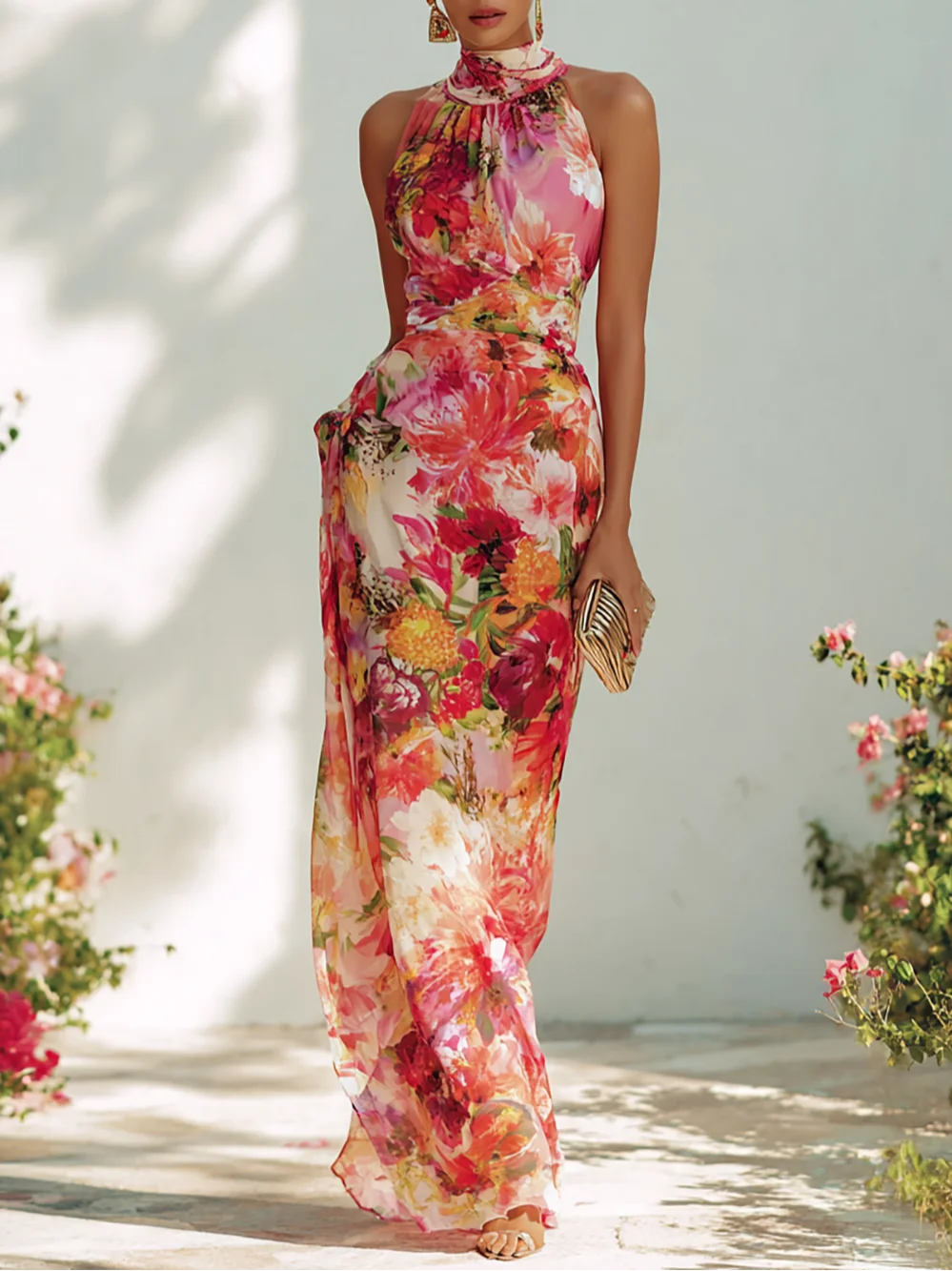 Red Floral Chiffon Halter Sleeveless Maxi Dress - Red