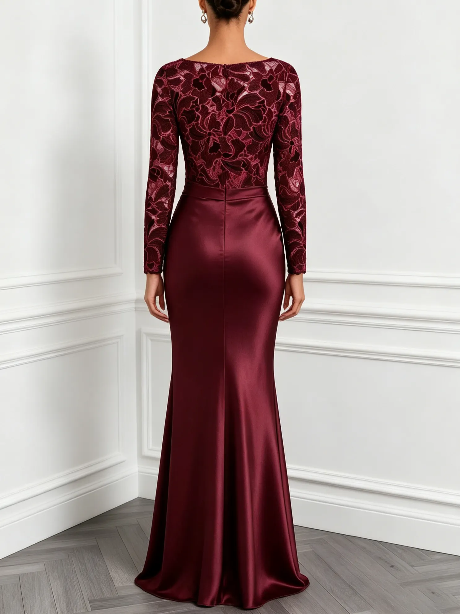 Wine Red Ruched Flocked Satin Boat Neck Long Sleeve Mermaid Floor Length Dress - Wine Red